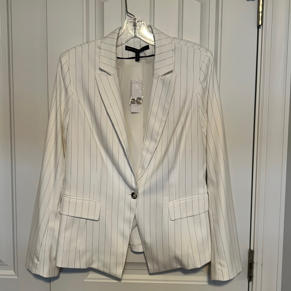White House Black Market WHBM striped blazer jacket Ecru w Grey size 10 NWT